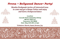 Henna-patterned invitation to a Henna and Bollywood dance party at Cascade Park Community Library