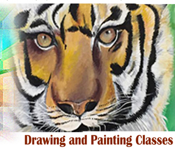 Colorful tiger portrait painted in a drawing and painting class