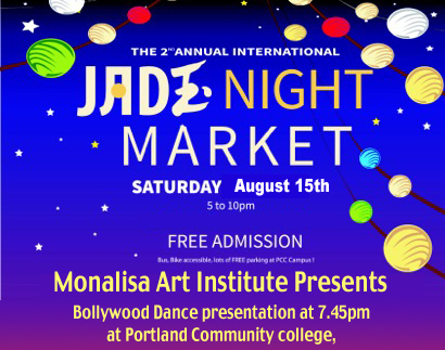 Jade International Night Market poster featuring a Bollywood dance presentation at Portland Community College
