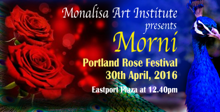 Poster for Morni, performed at the Portland Rose Festival, with roses and a peacock