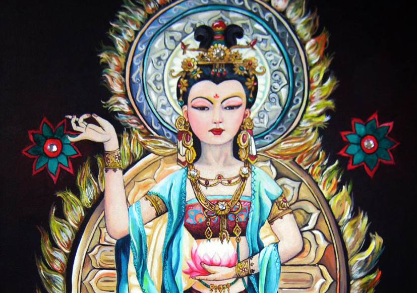 Detailed painting of Quan Yin holding a lotus flower, by teacher Monika Deshpande